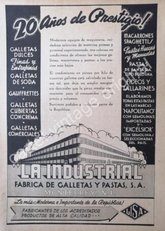 CARTEL ANTIGUO ORIGINAL DE FABRICA DE GALLETAS LA INDUSTRIAL 1942 MONTERREY