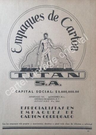 CARTEL ANTIGUO ORIGINAL DE EMPAQUES DE CARTON TITAN 1942, MONTERREY