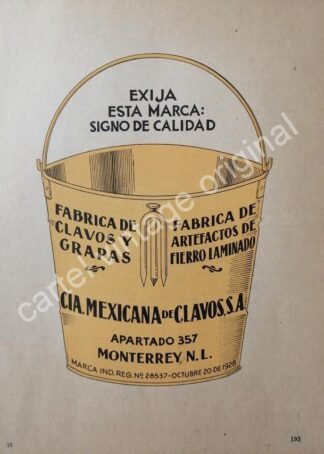 CARTEL ANTIGUO ORIGINAL DE CIA. MEXICANA DE CLAVOS S.A, MONTERREY 1942
