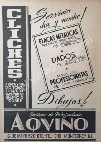 CARTEL ANTIGUO ORIGINAL DE TALLERE DE FOTOGRABADO AQUINO 1942 MONTERREY