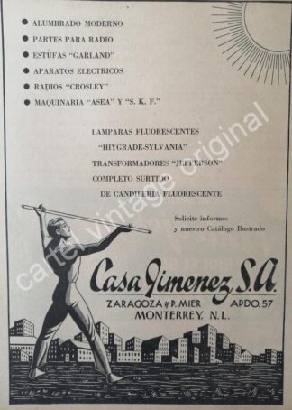CARTEL ANTIGUO ORIGINAL DE CASA JIMENEZ S.A 1941 MONTERREY