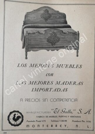 CARTEL ANTIGUO ORIGINAL DE MUEBLES Y CAMAS EL GALLO S.A 1943 MONTERREY