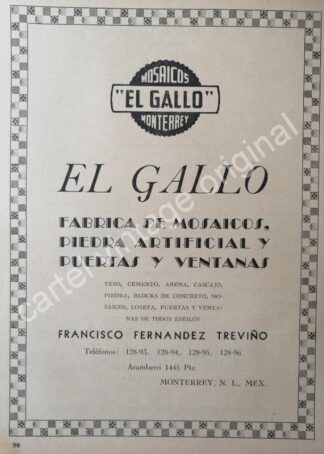 CARTEL ANTIGUO ORIGINAL DE MOSAICOS EL GALLO S.A 1941 MONTERREY