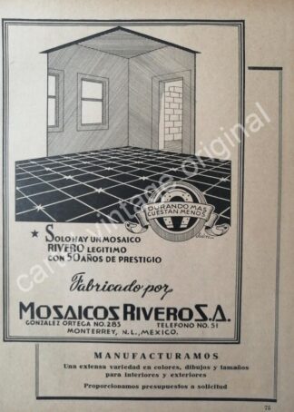 CARTEL ANTIGUO ORIGINAL DE MOSAICOS RIVERO S.A 1942 MONTERREY