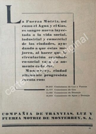CARTEL ANTIGUO ORIGINAL DE COMPAÑIA DE LUZ Y FUERZA DE MONTERREY 1942