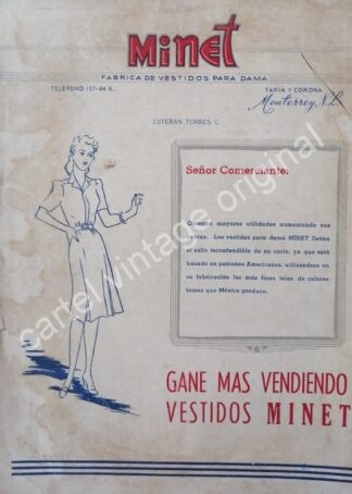 CARTEL ANTIGUO ORIGINAL DE FABRICA DE VESTIDOS MINET 1943 DE ESTEBAN TORRES. MONTERREY