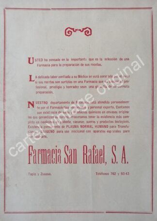 CARTEL ANTIGUO ORIGINAL DE FARMACIA SAN RAFAEL. MONTERREY 1959