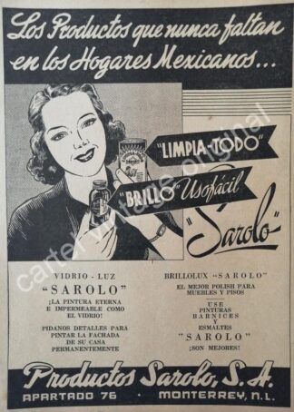 CARTEL ANTIGUO ORIGINAL DE PRODUCTOS SAROLO S.A. MONTERREY / RARO