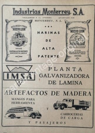 CARTEL ANTIGUO ORIGINAL DE IMSA. INDUSTRIAS MONTERREY 1941