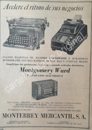 CARTEL ANTIGUO ORIGINAL DE MAQUINAS DE ESCRIBIR Y SUMADORAS. MONTERREY MERCANTIL S.A 1942