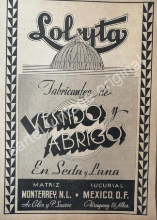 CARTEL ANTIGUO ORIGINAL DE FABRICA DE ROPA LOLYTA 1942 MONTERREY / RARO