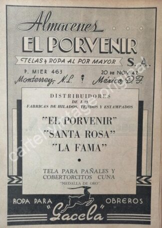 CARTEL ANTIGUO ORIGINAL DE ROPA Y TELAS. ALMACENES EL PORVENIR, MONTEREY 1943