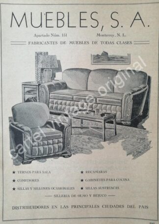 CARTEL ANTIGUO ORIGINAL DE MUEBLERIAS. MUEBLES S.A ( SALINAS Y ROCHA ) 1942 MONTERREY