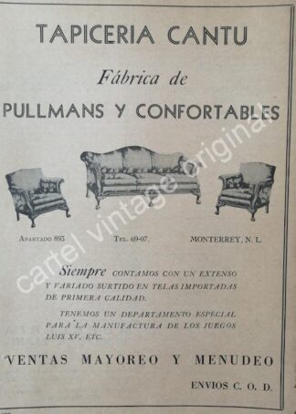 CARTEL ANTIGUO ORIGINAL DE TAPICERIA CANTU 1942 MONTERREY