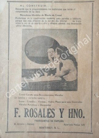 CARTEL ANTIGUO ORIGINAL DE FABRICA DE ESPEJOS DE FRANCISCO ROSALES Y HNO. 1941 MONTERREY