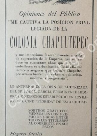CARTEL ANTIGUO ORIGINAL DE INAUGURAN LA COLONIA. CHAPULTEPEC 1944 MONTERREY