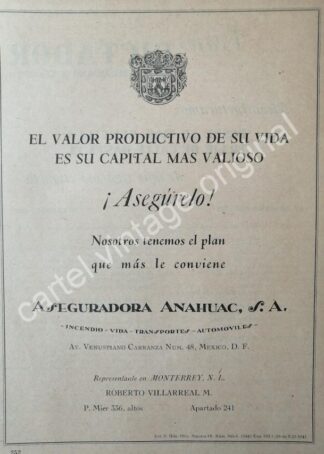 CARTEL ANTIGUO ORIGINAL DE CIA. ASEGURADORA ANAHUAC 1941 MONTERREY