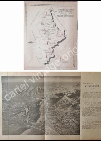 CARTEL ANTIGUO ORIGINAL DE MAPA Y VISTA AEREA DE MONTERREY 1942