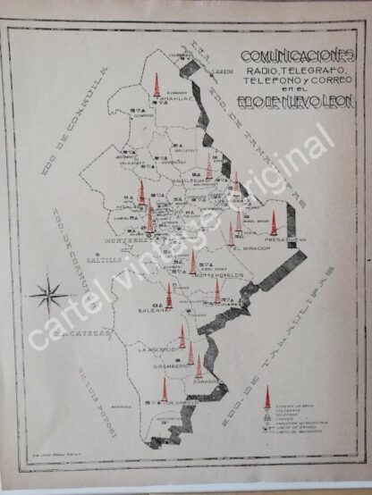 CARTEL ANTIGUO ORIGINAL DE MAPA Y VISTA AEREA DE MONTERREY 1942 - Image 2