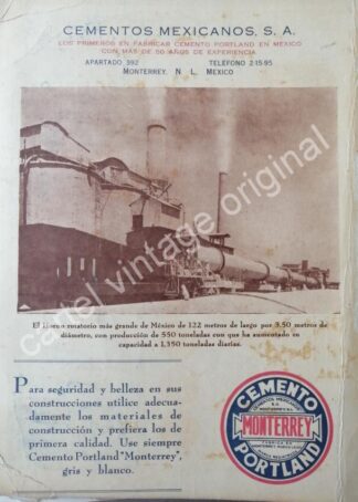 CARTEL ANTIGUO ORIGINAL DE CEMENTO MONTERREY , CEMEX 1960