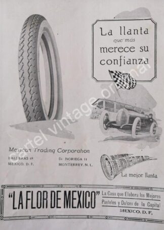 CARTEL ANTIGUO ORIGINAL DE LLANTAS OLDFIELD 1922 MEXICAN TRADING CORPORATION
