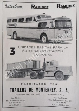 CARTEL ANTIGUO ORIGINAL DE TRAILERS RAMIREZ, TRAILERS DE MONTERREY S.A 1959