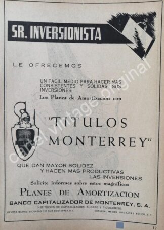 CARTEL ANTIGUO ORIGINAL DE BANCO CAPITALIZADOR DE MONTERREY 1942