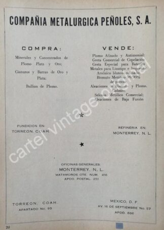 CARTEL ANTIGUO ORIGINAL DE PEÑOLES S.A CIA. METALURGICA 1942