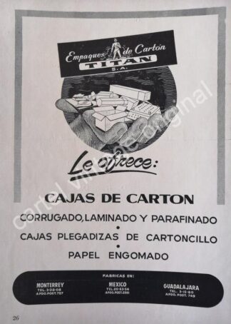 CARTEL ANTIGUO ORIGINAL DE EMPAQUES DE CARTON TITAN 1959 MONTERREY