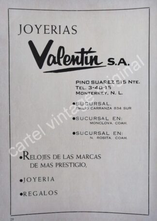 CARTEL ANTIGUO ORIGINAL DE JOYERIAS VALENTIN 1959 MONTERREY