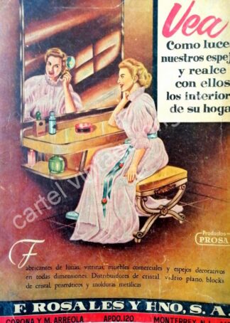 CARTEL ANTIGUO ORIGINAL DE FABRICA DE ESPEJOS DE FRANCISCO ROSALES Y HNO. 1942 MONTERREY