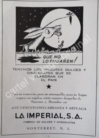 CARTEL ANTIGUO ORIGINAL DE FABRICA DE DULCES Y CHOCOLATES LA IMPERIAL 1959 MONTERREY