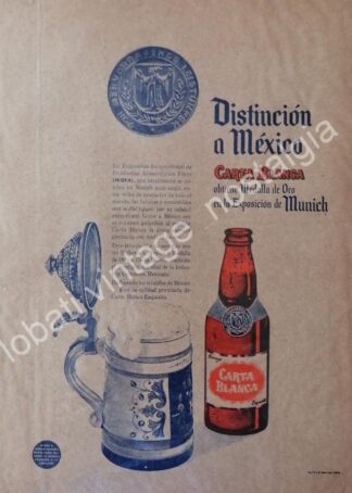 CARTEL ANTIGUO ORIGINAL DE CERVEZA CARTA BLANCA GANA PREMIO DE MUNICH 1960s / RARO