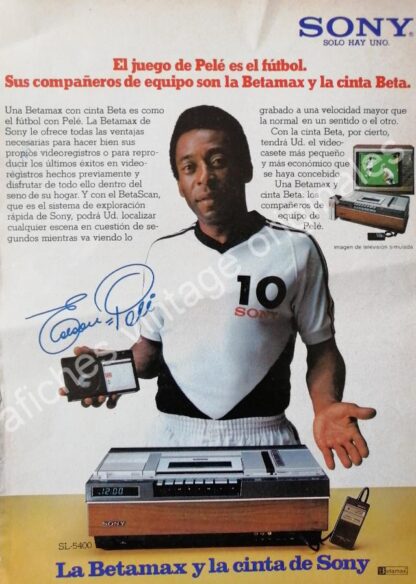 CARTEL ANTIGUO ORIGINAL DE 2 FICHES. FUTBOLISTA PELE Y SONY BETAMAX 1980s / FEP - Image 2