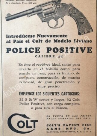 CARTEL ANTIGUO ORIGINAL DE ARMAS. REVOLVER COLT C.32. 1927