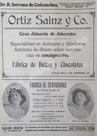 CARTEL ANTIGUO ORIGINAL DE TIENDA ORTIZ SAINZ & CO. 1912 D.F. Y DENTADURAS ESTRADA