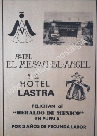 CARTEL ANTIGUO ORIGINAL DE HOTEL EL MESON DEL ANGEL , PUEBLA 1967
