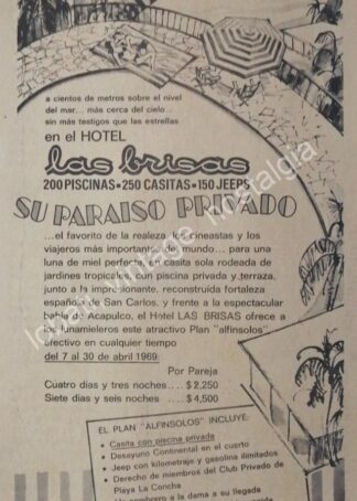 CARTEL ANTIGUO ORIGINAL DE HOTEL LAS BRISAS DE ACAPULCO 1967