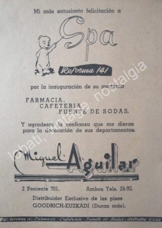 CARTEL ANTIGUO ORIGINAL DE PISOS MIGUEL AGUILAR 1956 Y TIENDA SPA. PUEBLA
