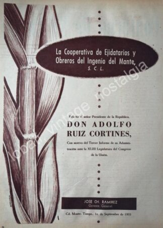 CARTEL ANTIGUO ORIGINAL DE COOPERATIVA INGENIO DEL MANTE 1955 DIBUJO DE LUIS AMENDOLLA