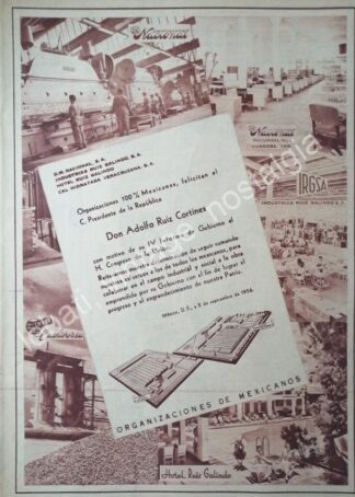 CARTEL ANTIGUO ORIGINAL DE INDUSTRIAS RUIZ GALINDO FELICITA A RUIZ CORTINES 1956 /RARO