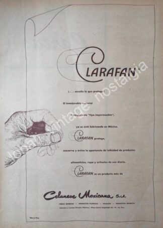 CARTEL ANTIGUO ORIGINAL DE CLARAFAN, DE CELANESE MEXICANA S.A 1956 / MUY RARO