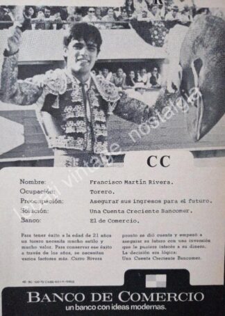 CARTEL ANTIGUO ORIGINAL DE TOREO MARTIN CURRO RIVERA Y BANCOMER 1973/ FEP