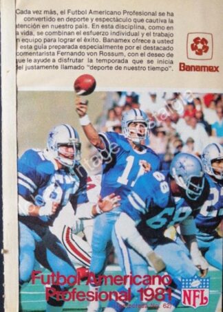CARTEL ANTIGUO ORIGINAL DE FOLLETO BANAMEX SUPER TAZON NFL 1981