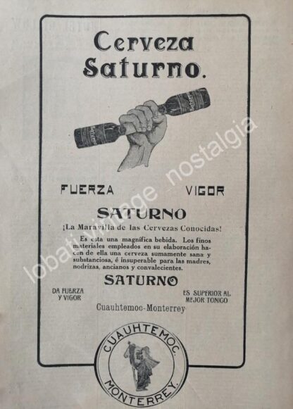 CARTEL ANTIGUO ORIGINAL DE CERVEZA SATURNO 1910 CERVECERIA CIAUHTEMOC / MUY RARO