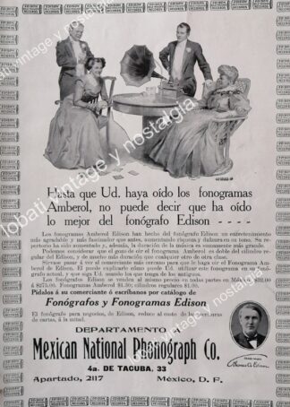 CARTEL ANTIGUO ORIGINAL DE FONOGRAFOS EDISON 1910 MEXICAN NATIONAL PHONOGRAPH /SUPER RARO