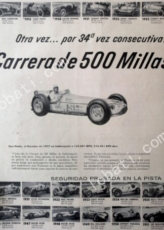 CARTEL ANTIGUO ORIGINAL DE PILOTO SAM HANKS 500 MILLAS DE INDIANAPOLIS / FEP