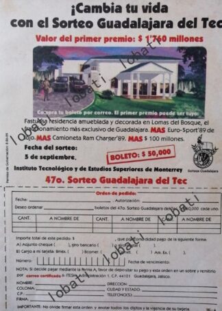 CARTEL ANTIGUO ORIGINAL DE PUBLICIDAD RETRO DEL SORTEO TEC GUADALAJARA 1989