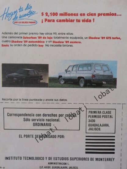 CARTEL ANTIGUO ORIGINAL DE PUBLICIDAD RETRO DEL SORTEO TEC GUADALAJARA 1989 - Image 2