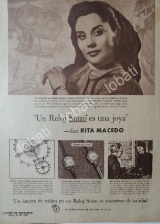 CARTEL ANTIGUO ORIGINAL DE RITA MACEDO Y RELOJES SUIZOS 1950 / RARO FEP